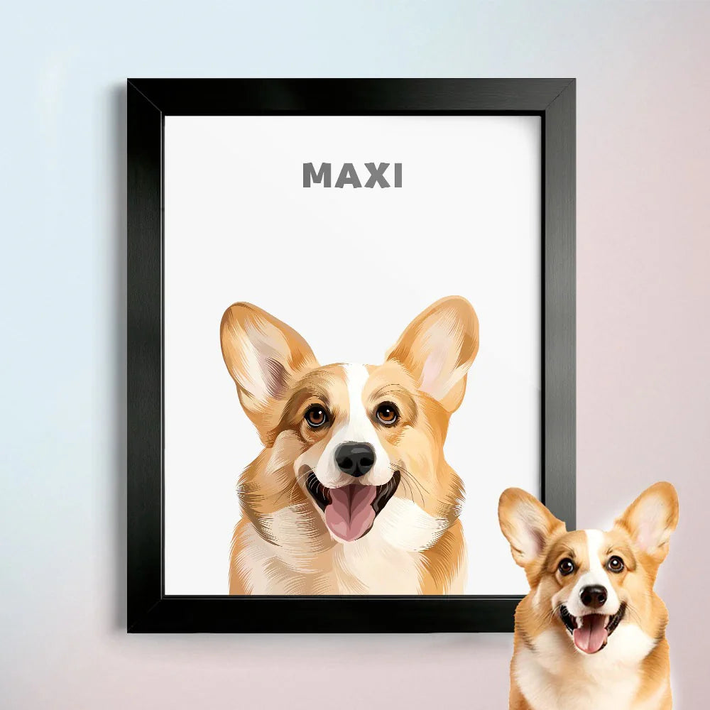 Modern Pet Portrait product example showing a pet and finished artwork