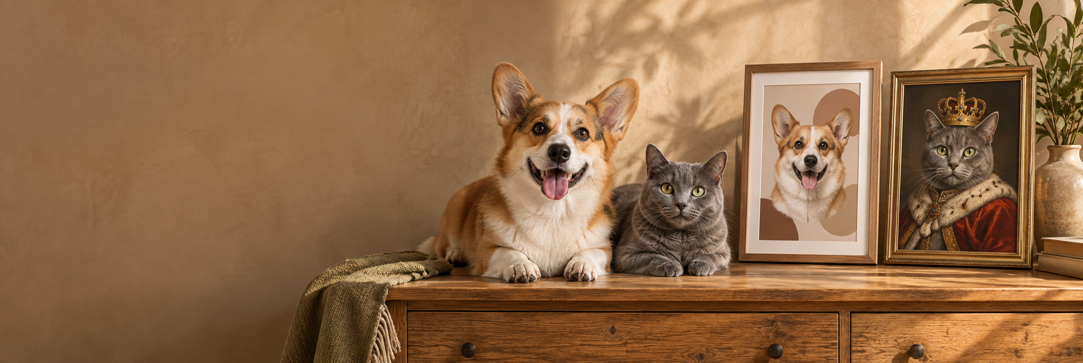Illustrative scene of a corgi and gray cat beside framed pet art
